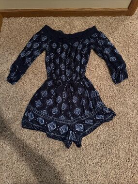 Hollister Off-Shoulder Navy Blue Paisley Romper